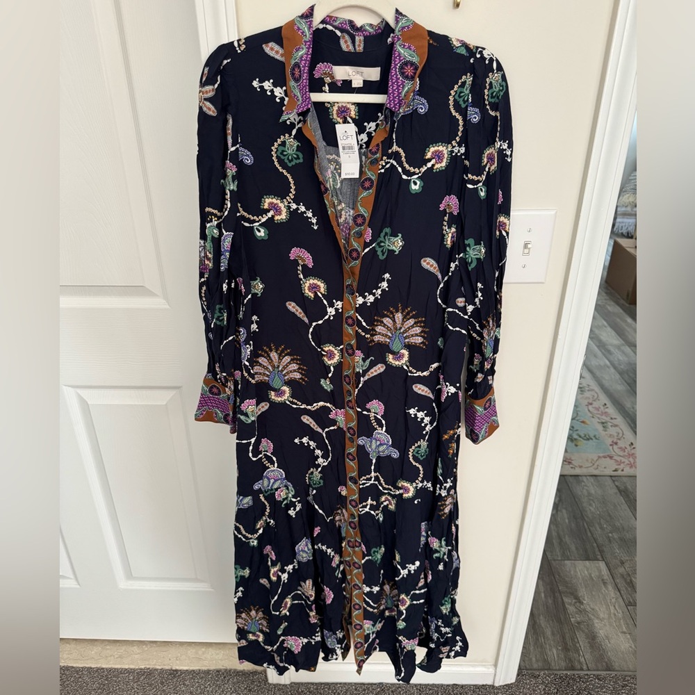 Loft peacock print button down shirt dress
